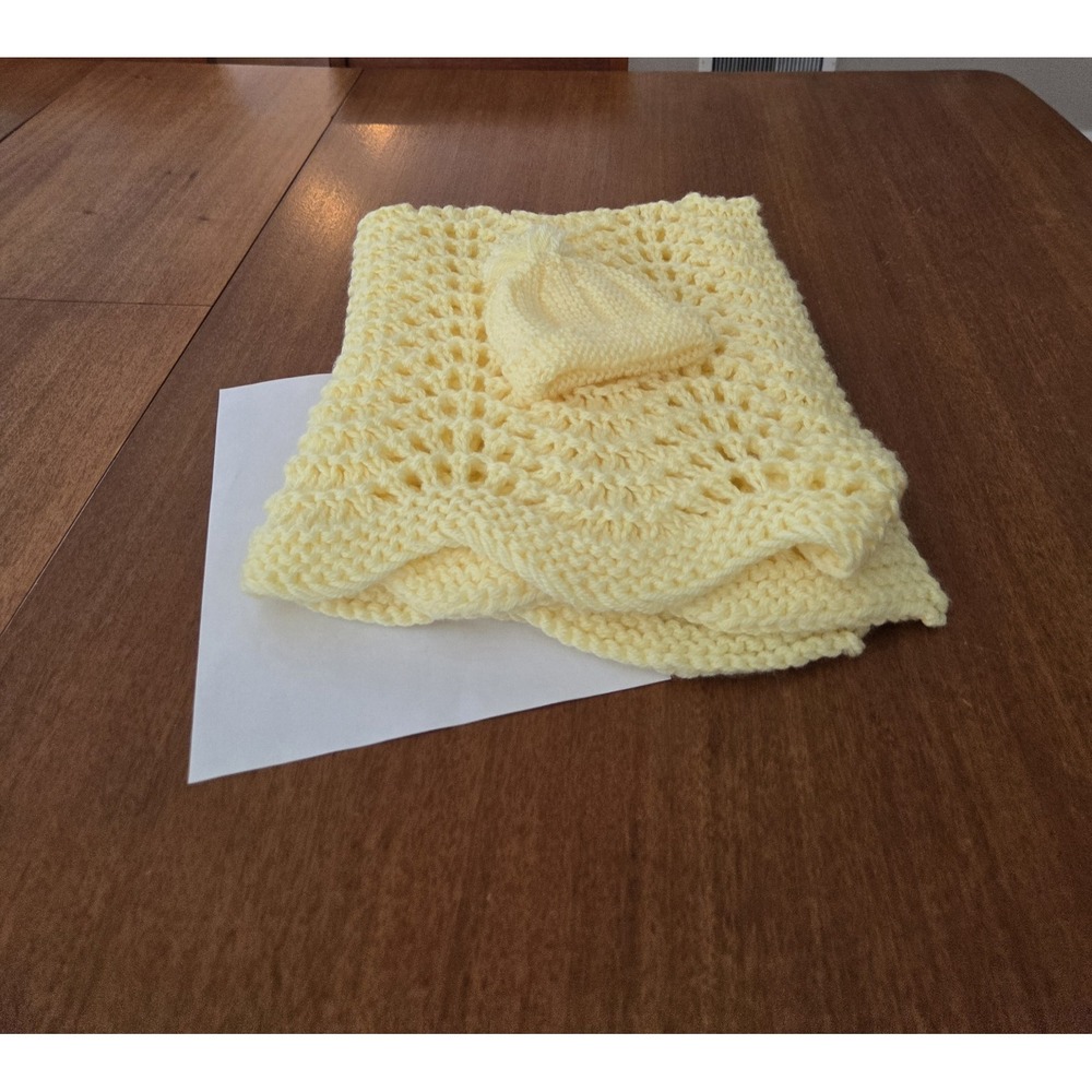 Handmade Crochet Baby Blanket And Hat Set Yellow Scalloped Shower Gift Keepsake
